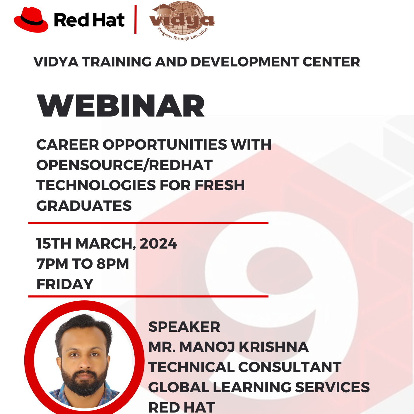 Poster for RedHat Webinar on 15th March, 2024